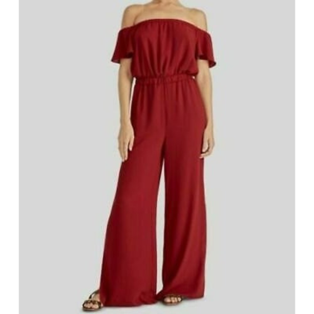Rachel Roy Novia Off The Shoulder Jumpsuit Size S Flared Red $149 NWT B45